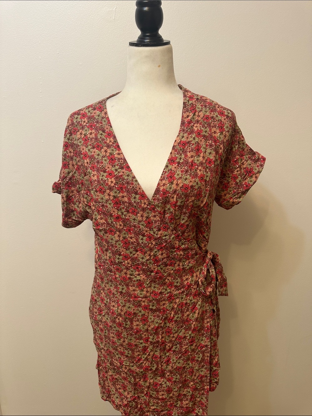 Frank & Oak Floral Tie-Waist Dress in Red and Green